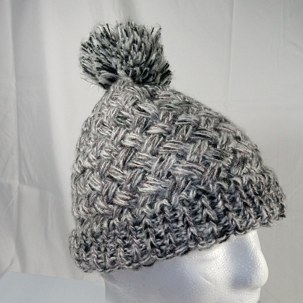 Betsey Johnson Crochet Knit Beanie Hat Sparkle Glitter Cap Pom Pom One Size Gray